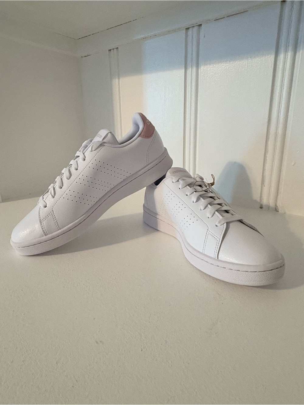 adidas Women's White Leather Sneakers with Pink Logo Accent - Picture 2 of 5